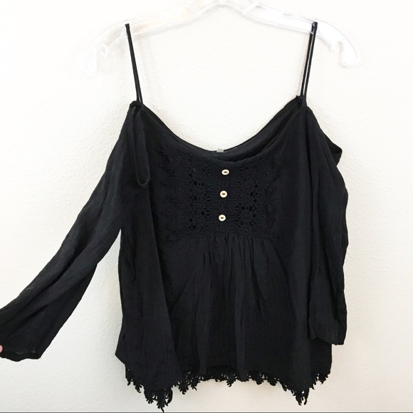 buttons Tops - Buttons 1 Black Cold Shoulder Blouse Long Sleeve
